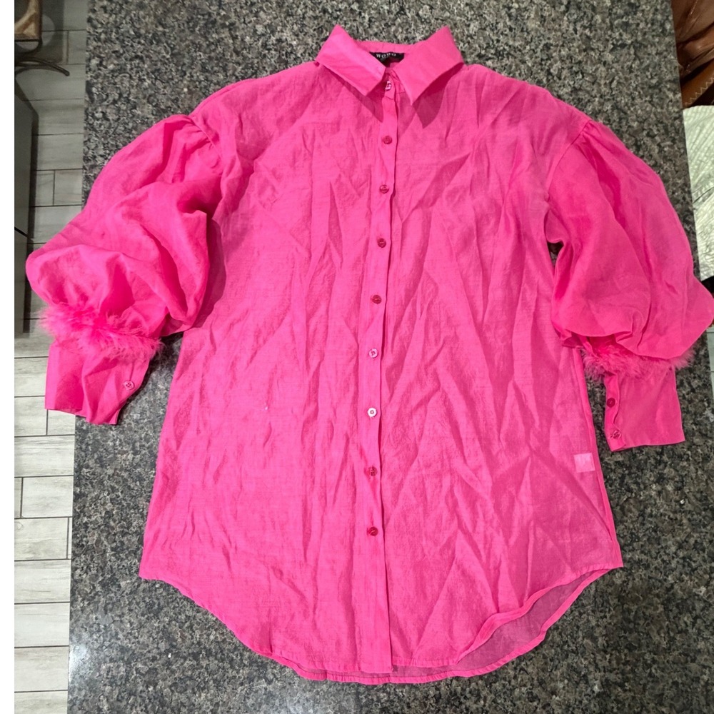 WOWO Fashion Hot Pink Feather Trim Puff Sleeve Button Down Shirt XL